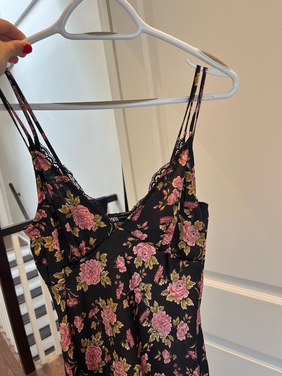 Zara Dresses & Skirts - Zara Black Floral Slip Dress with Pink and Green Rose Print